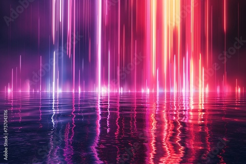 Eerie neon backdrop with beams and streaks. Reflection of nocturnal cityscape in glowing water. Abstract vertical stripes in a dim setting. 3D image.