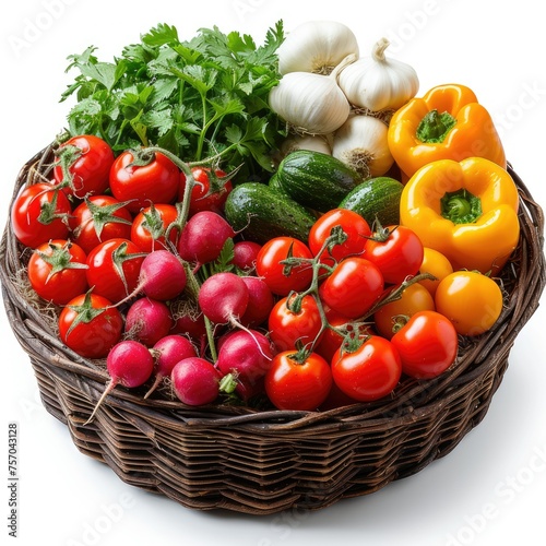 A basket of vegetables including tomatoes  radishes  and peppers