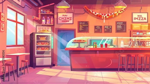 Interior of a pizza shop with a bar counter, cashier machine, oven and showcase, menu banners, and a cashier machine. Modern illustration illustrating the interior of a pizza shop.