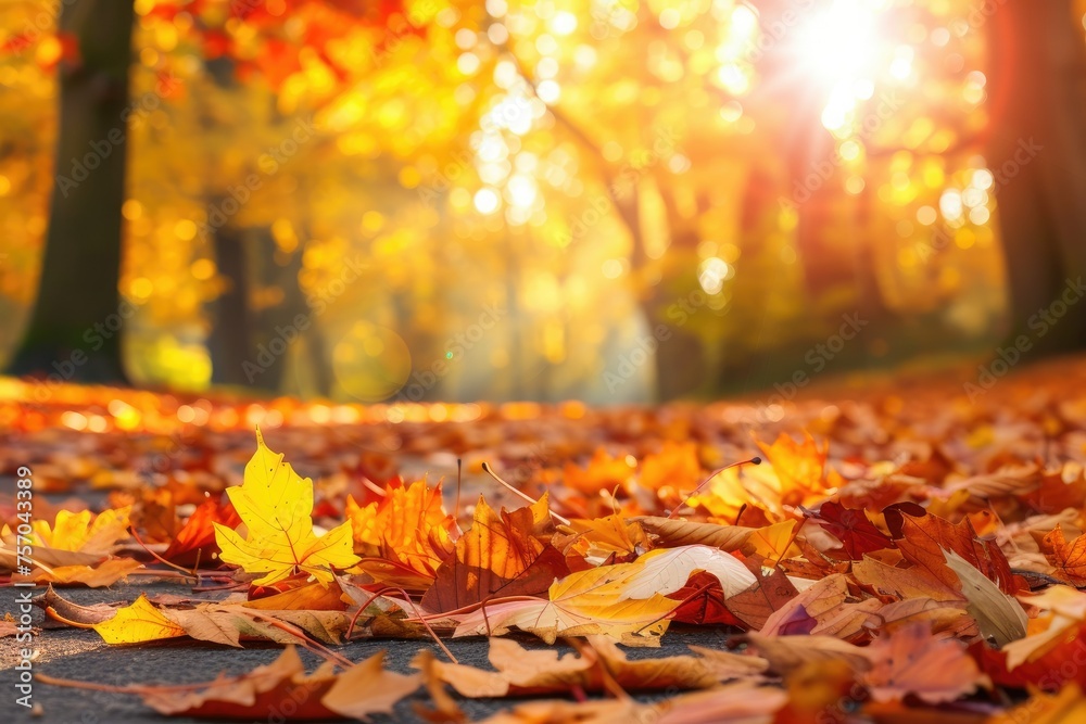 A beautiful autumn scene with a path covered in fallen leaves A beautiful autumn scene with a path covered in fallen leaves