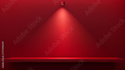 A red wall background with a shelf and long lamp light. A 3d shelves podium for displaying products with a spotlight. Realistic modern illustration of an empty platform with a spotlight in a studio