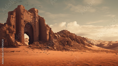 An ancient ruin in a surreal desert landscape