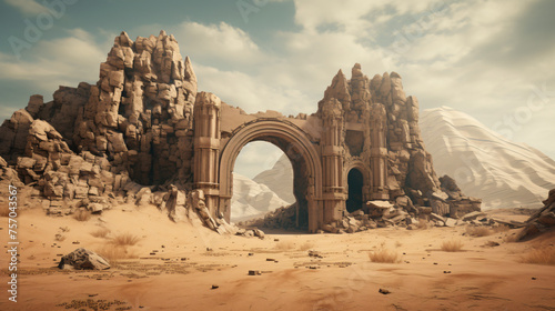 An ancient ruin in a surreal desert landscape
