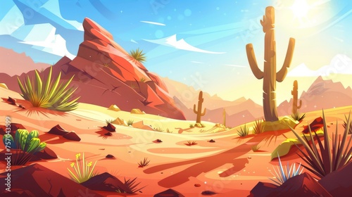 AZ desert landscape with brown rocks  sand dunes  green cactus and grass  dry tree on bright sunny day. Cartoon modern illustration of drought-stricken landscape with wild grass  cacti  and rocks.