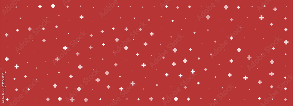 White plus symbols of different sizes and opacity on red background. Abstract pattern of medical cross or mathematical plus pictogram. Vector illustration on cyan background with stars. White plus symbols of different sizes and opacity on red background. Abstract pattern of medical cross or mathematical plus pictogram. Vector illustration on cyan background with stars.