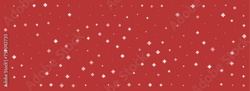 White plus symbols of different sizes and opacity on red background. Abstract pattern of medical cross or mathematical plus pictogram. Vector illustration on cyan background with stars.