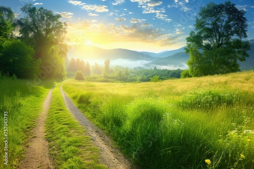A road runs through a lush green field with a bright sun shining on it