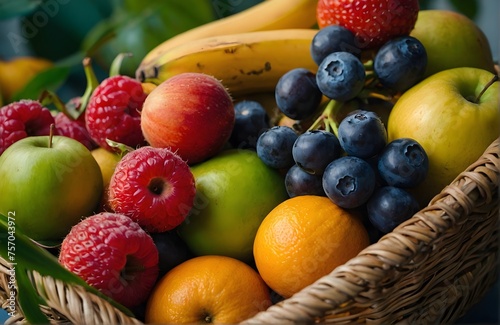 Fresh and organic fruits in a basket on a wooden table. Healthy eating concept.