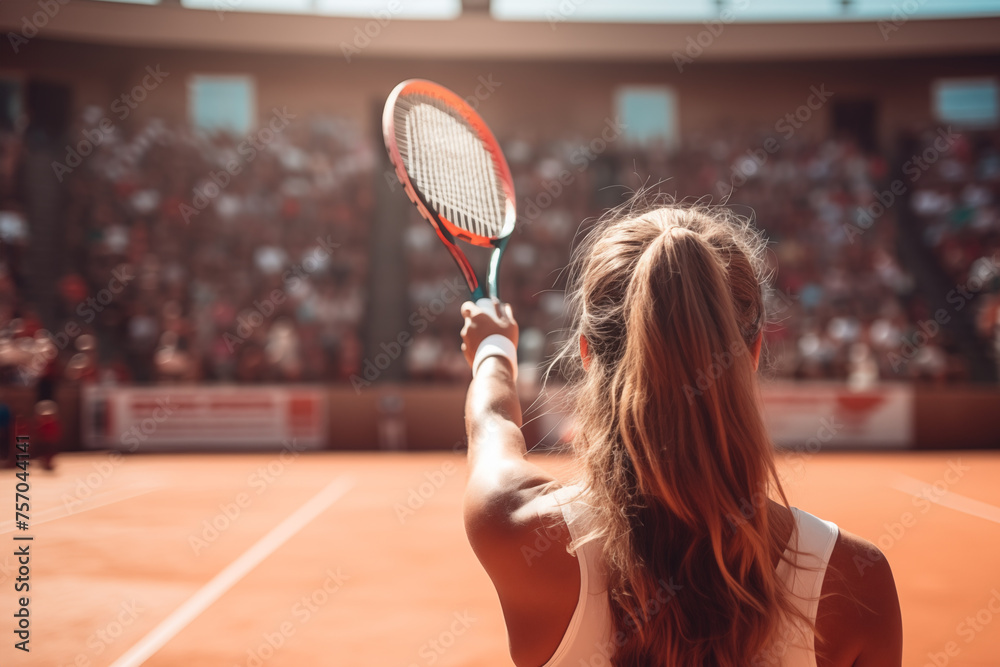 A female professional tennis player seen from behind greeting the crowd after winning a major clay court tennis tournament - obrazy, fototapety, plakaty 