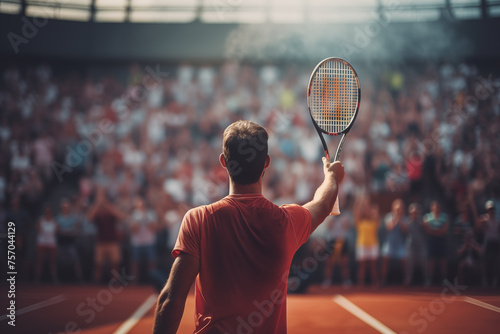 A male professional tennis player seen from behind greeting the crowd after winning a major clay court tennis tournament photo