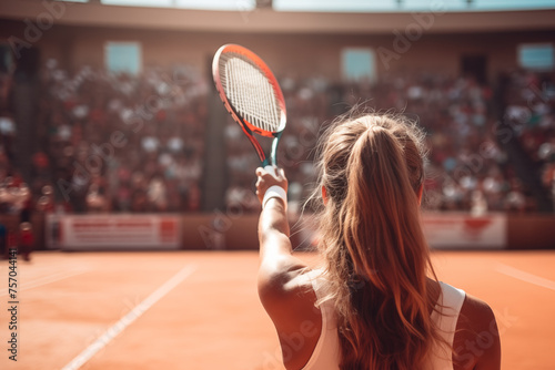 A female professional tennis player seen from behind greeting the crowd after winning a major clay court tennis tournament photo
