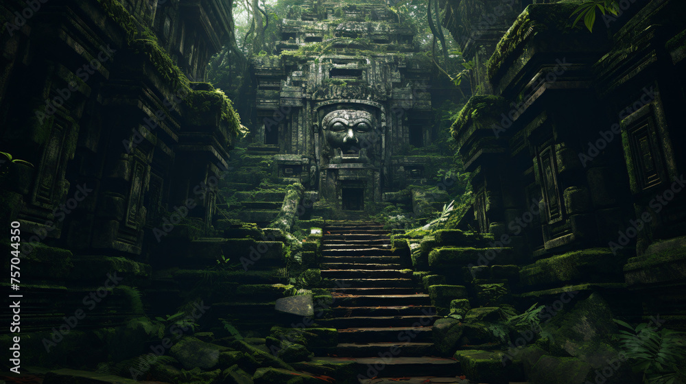 An ancient temple hidden in a jungle with ancient carv