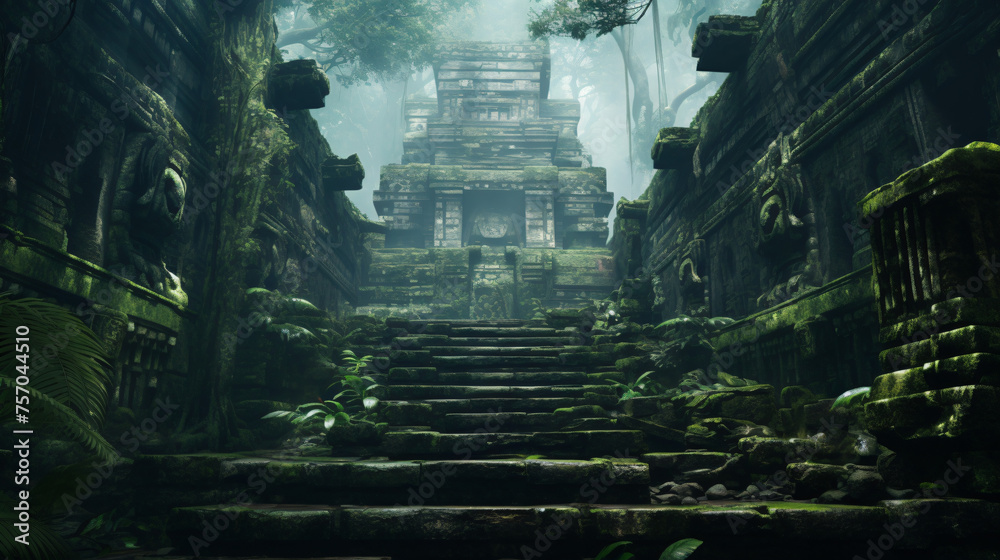 Naklejka premium An ancient temple hidden in a misty jungle