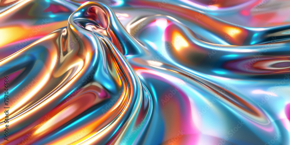 abstract silver liquid metal with iridescent fluid patterns ,banner, dark silver and light gold liquid fluid glossy chrome ,colorful holographic texture wave background