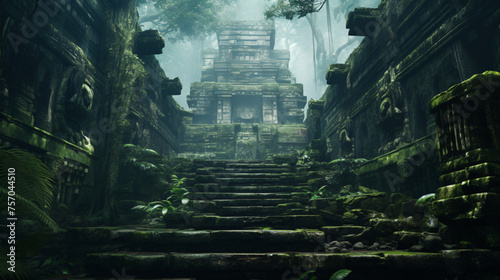 An ancient temple hidden in a misty jungle