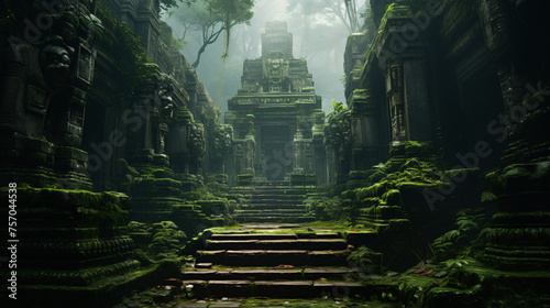 An ancient temple hidden in a misty jungle with ancien