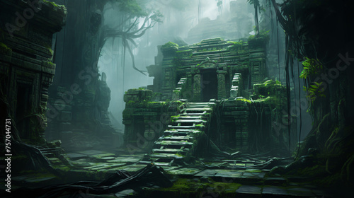 An ancient temple hidden in a misty jungle with vines