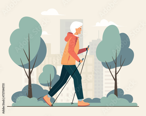 Active energetic happy gray haired elderly woman practice nordic walking. Grandma sport workout Europe. Healthy women lifestyle.  Elder grandmother walking in the city park.  Vector illustration