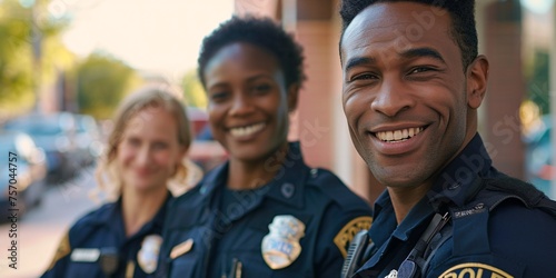 Friendly law enforcement officers greeting outside police precinct, prepared to assist with maintaining peace. photo