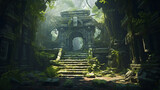 An ancient temple in a jungle overgrown with vines and