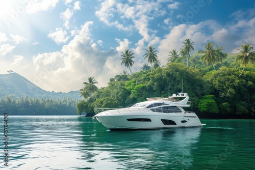 A white boat is floating on a lake with palm trees in the background