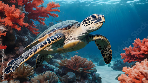 Hawaiian Green Sea Turtle (Eretmochelys imbricata) in the Sea.