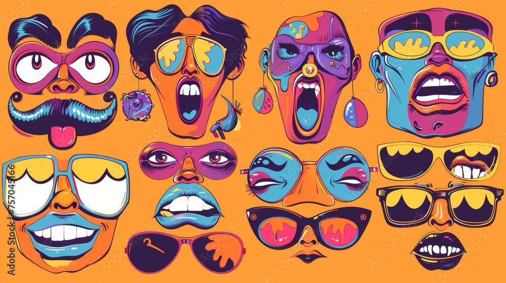 Modern set of 70s groovy comic faces. Collection of cartoon faces, hands, legs in different emotions. Retro groovy hippie illustration for decor.