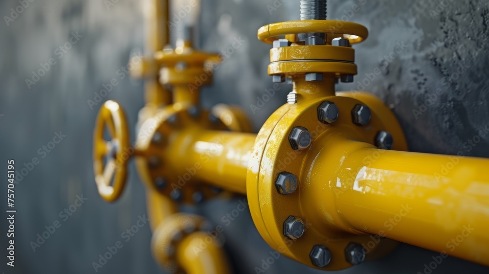 Yellow gas pipe with valve on grey background with copy space. Gas transportation system. Repair concept - obrazy, fototapety, plakaty 