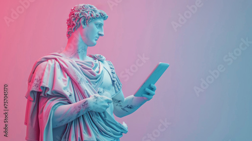 Roman emperor statue studies tablet amidst a soft pink and blue hue, blending antiquity with digital age aesthetics. Marble, close up portrait, classical style, copy space
