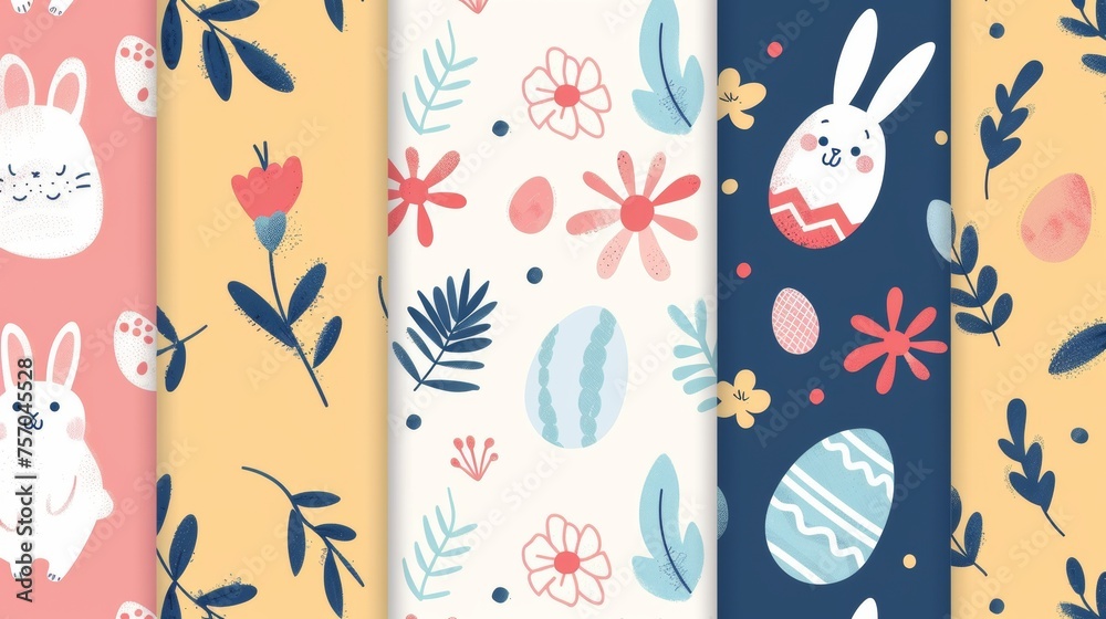 This seamless pattern features easter eggs, rabbits, paws, flowers, spring season repeated in prints, wallpaper, covers, packaging, kids, ads and more. This seamless pattern features easter eggs, rabbits, paws, flowers, spring season repeated in prints, wallpaper, covers, packaging, kids, ads and more.