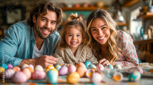joyfully family painting Easter eggs at home. kid and parents prepare for Easter