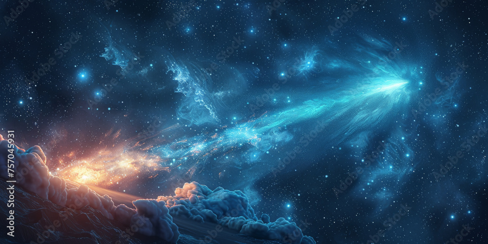 A bright blue comet in night sky,space A bright blue comet in night sky,space