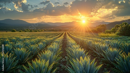 Dusk above Agave plantation for Tequila manufacturing in Mexico. photo