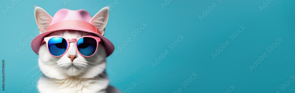 cat in a hat and sunglasses on a blue background