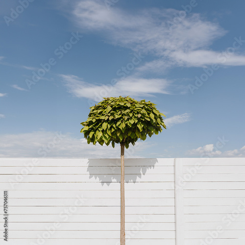 Beautiful decorative tree with green leaves over white fence and blue sky. Summer background © Floral Deco