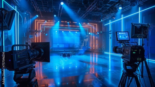 Modern television studio with blue lighting and a large screen