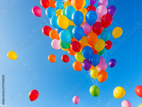 Colorful balloons flying in the blue sky. Happy birthday background.