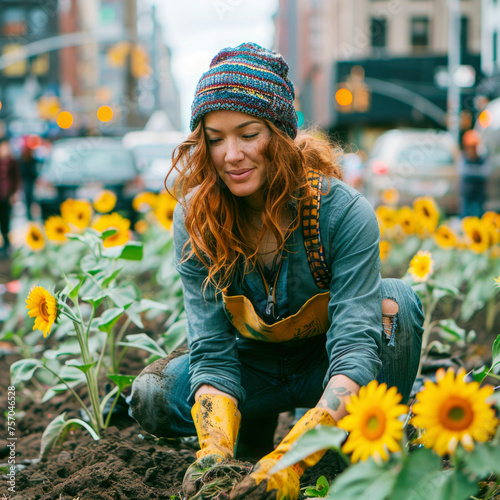 Female planting sunflowers in urban settings, a community initiative to bring nature back into the city photo