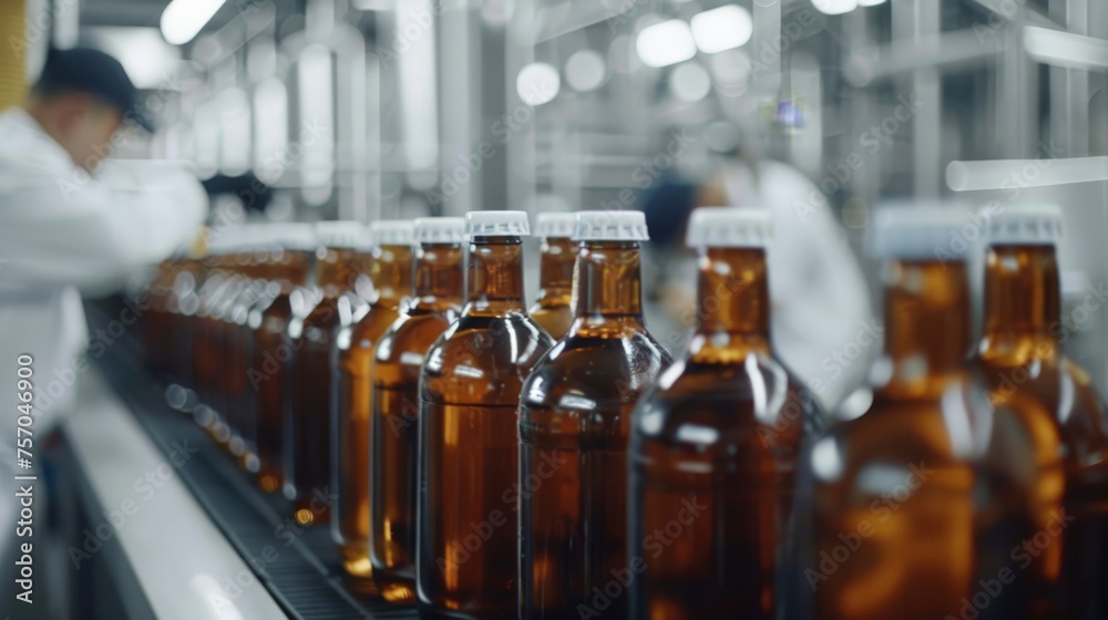Technicians overseeing automated bottling in a beverage factory