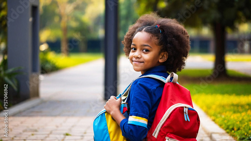 A cheerful young boy with a curly afro smiles while wearing a colorful backpack outdoors
