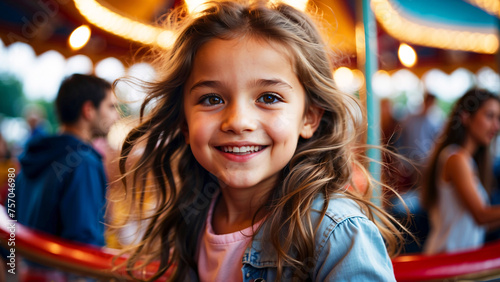 Young girl with flowing hair and a joyous smile enjoying a ride at the amusement park