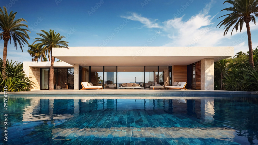 Tranquil minimalist poolside villa with panoramic views, embodying sophistication and simplicity