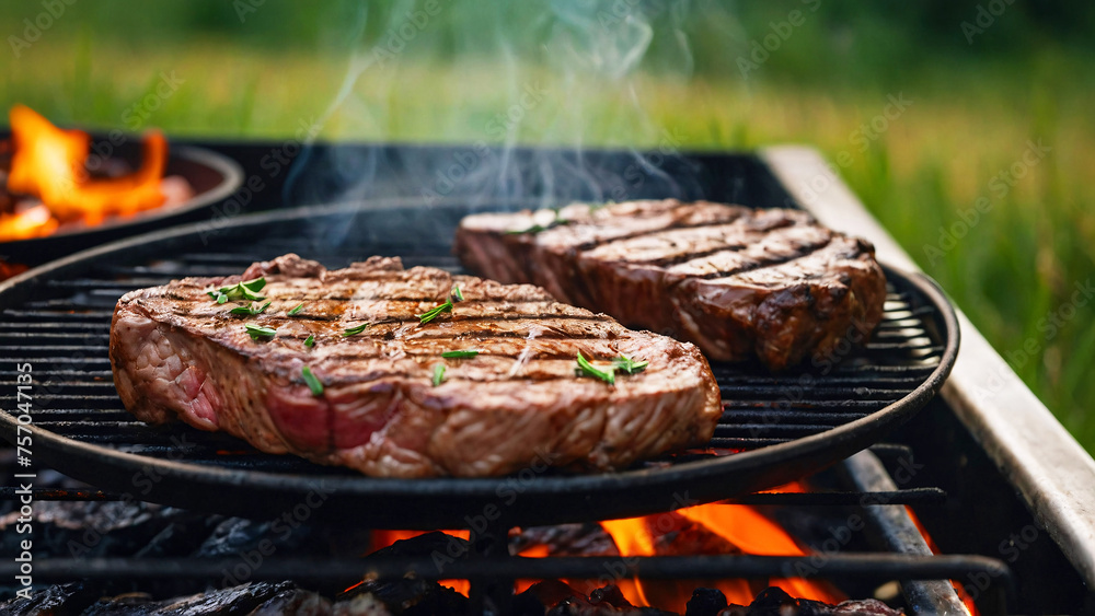 Close-up of succulent steaks sizzling on a flaming grill depicting deliciousness and culinary art
