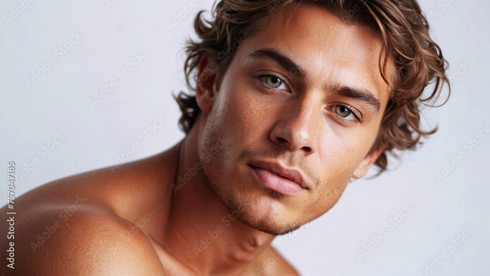 Portrait of an attractive young man with tousled hair and a piercing gaze against a simple backdrop Portrait of an attractive young man with tousled hair and a piercing gaze against a simple backdrop