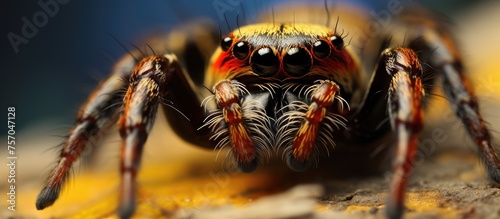 A close up of an Arachnid Jumping Spider, a small Invertebrate Terrestrial animal. The Macro photography captures its Eye detail while resting on a rock in the wild © AkuAku