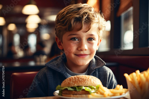 Adorable boy with a bright smile sitting in a diner  looking at a classic burger and fries