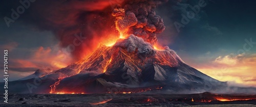 Volcanic eruption, clouds of smoke and fire