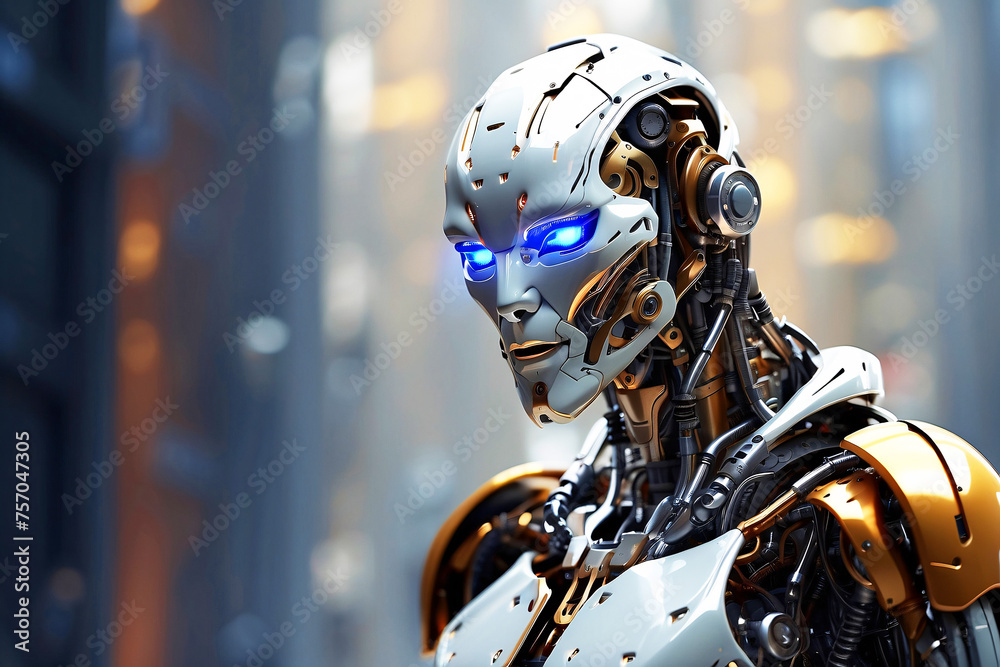 Detailed image of an advanced robotic head that resembles a human, with a focus on the eyes and intricate mechanical details