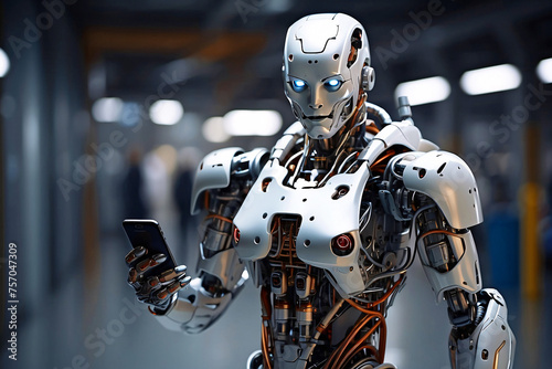Detailed image of a humanoid robot with blue illuminated eyes, showcasing technological sophistication