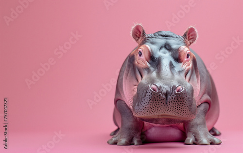 Hippo front view sitting on pink  background. Generative AI